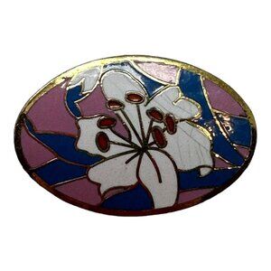 Vintage Pin Brooch Signed AGC White Lilly Pink Blue Cloisonne Enamel Flower